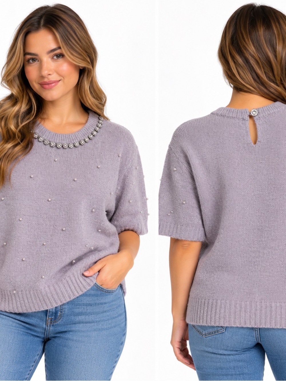 Liz Claiborne Lavender Pearl Embellished Short Sleeve Sweater 0X